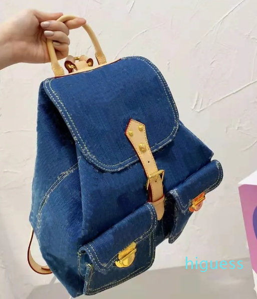 2024 Denim backpack exquisite gorgeous printing design women's backpack Cover buckle and multi pocket shoulder bag Blue-image-952312263