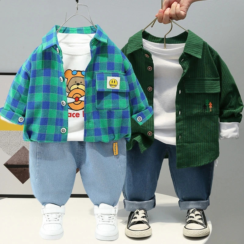 Baby Boy Clothes 05Y Spring Autumn Fashion Suit Boys Plaid Shirts Jeans Childrens Casual 3 Piece Sets 240314 M260305-image-1096279715