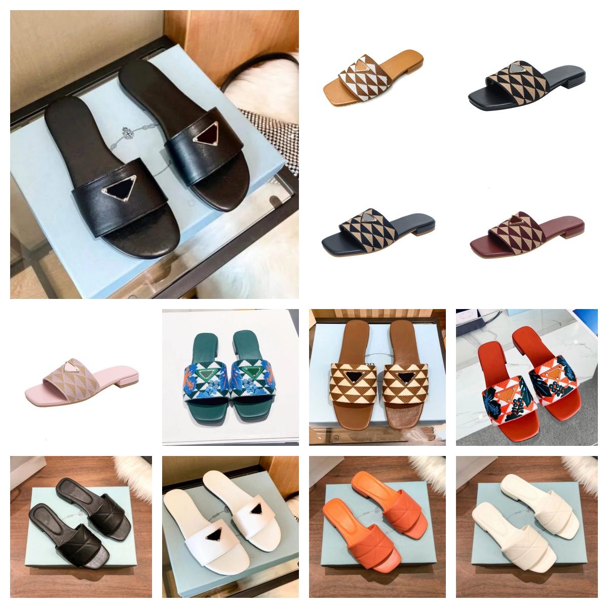 Designer Women slippers Sandals Flat Slides Flip Flops Summer genuine Triangle leather Outdoor Loafers Bath Shoes Beachwear Slippers Black White-image-941292289