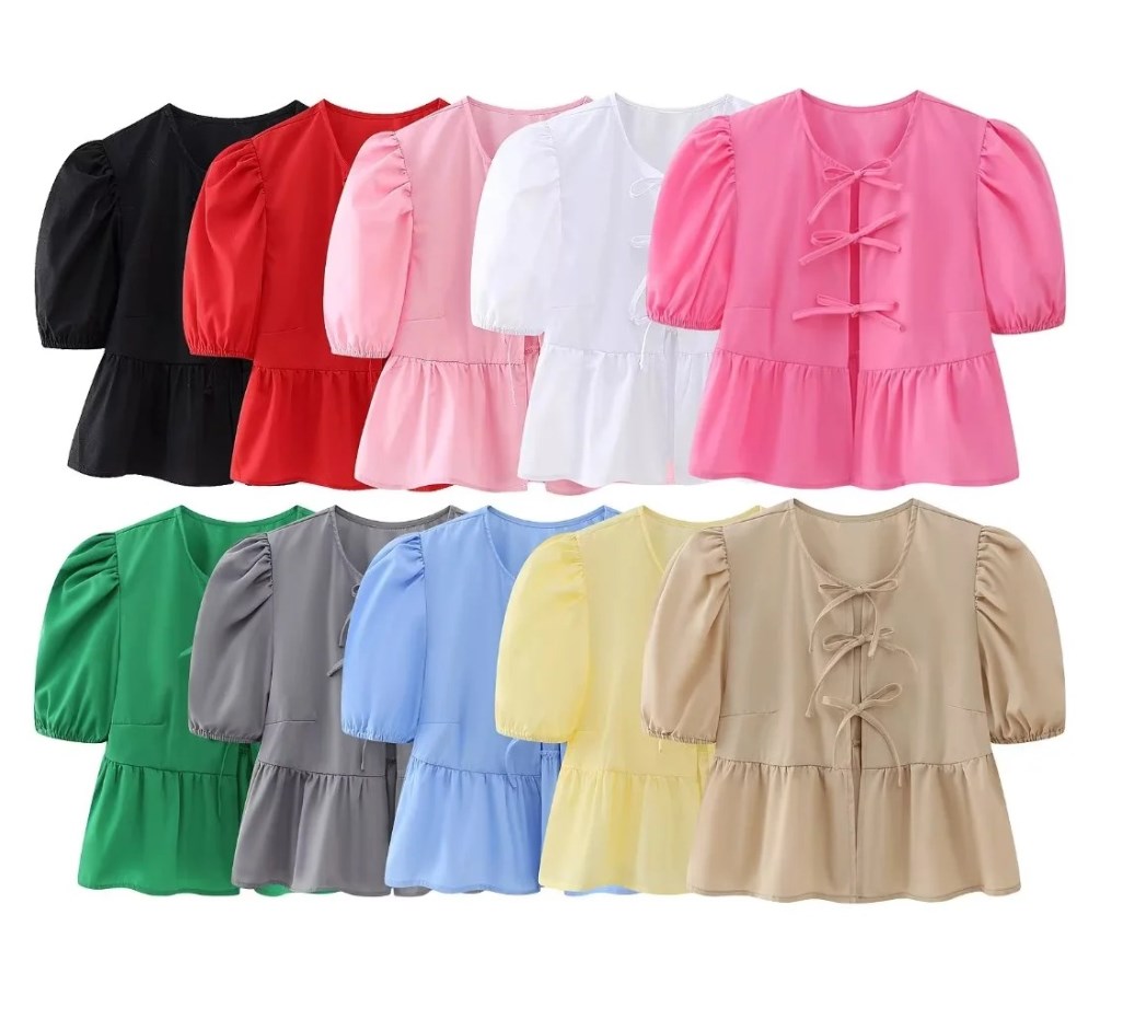 Women's Blouses Stylish Lace Up O-neck Shirt For 2024 Spring Summer Temperament Puff Sleeve Slim Shirts Female Elegant Commuter Clothes-image-944453551
