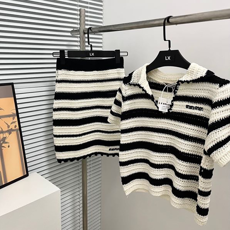 Striped suit skirt woman fashion temperament short sleeve dress Y2K girls embroidery correct letter T shirt sexy set SML-image-841876315