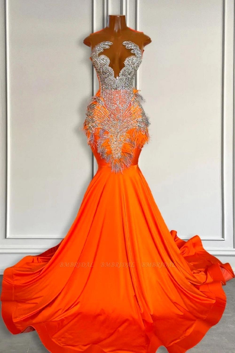 Orange ajusté sirène longue robe de bal 2024 Sheer O Col Silver Per perled Girls African Black Girls Satin Feather Luxury Evening Gala Gowns BC18