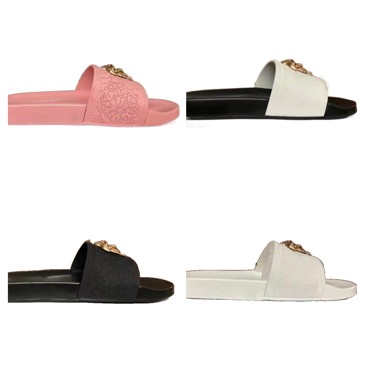 Designer Pool Slides Mens sliders black gold sandals womens Flat rubber Beach Shoes Man Scuffs Leather Rubber Flat pink gold slitter Slides Slide-image-952076087
