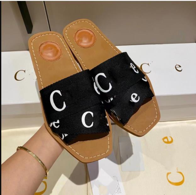 Top Slippers sandals womens Mules flat slides Light tan beige white black clogs lace Lettering canvas slippers womens summer outdoor indoor Beach sh