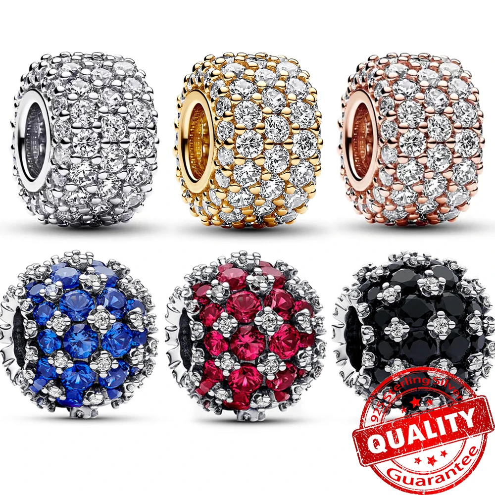 Sparkling 925 Sterling Silver Round Pink Charm Fit Bracelet Blue Charm Beads Women Necklace Fine Jewelry Gift-image-953650255