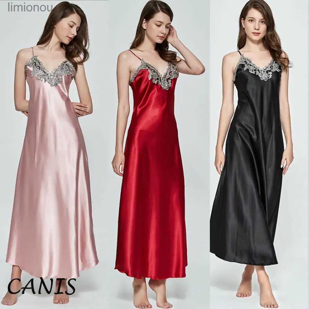 Women's Sleepwear Women Sexy Lingerie Oversize Satin V-Neck Long Nightdress Silk Lace Nightgown Sleepwear Robe Dress Babydoll UnderwearC2431-image-953717475
