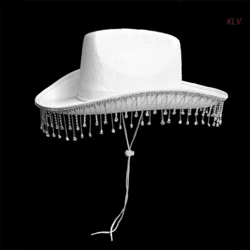 Wide Brim Hats Bucket Bride Cowgirl Hat for Adult Wedding Cowboy with Rhinestones Fit Most Women Theme Party Black White Pink 240319-image-953610573