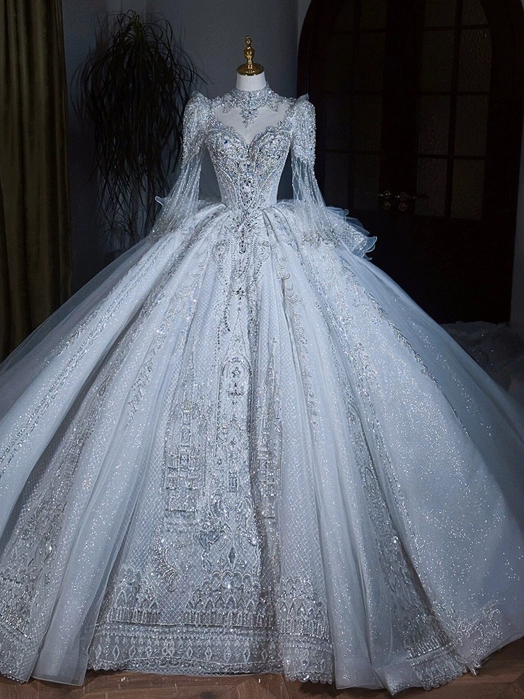 Charmig crystals A Line Wedding Dresses for Bride Women Boho Plus Size Long Sleeves new bling Flowers Sheer Jewel Neck Court Train luxury Bridal-image-954129917