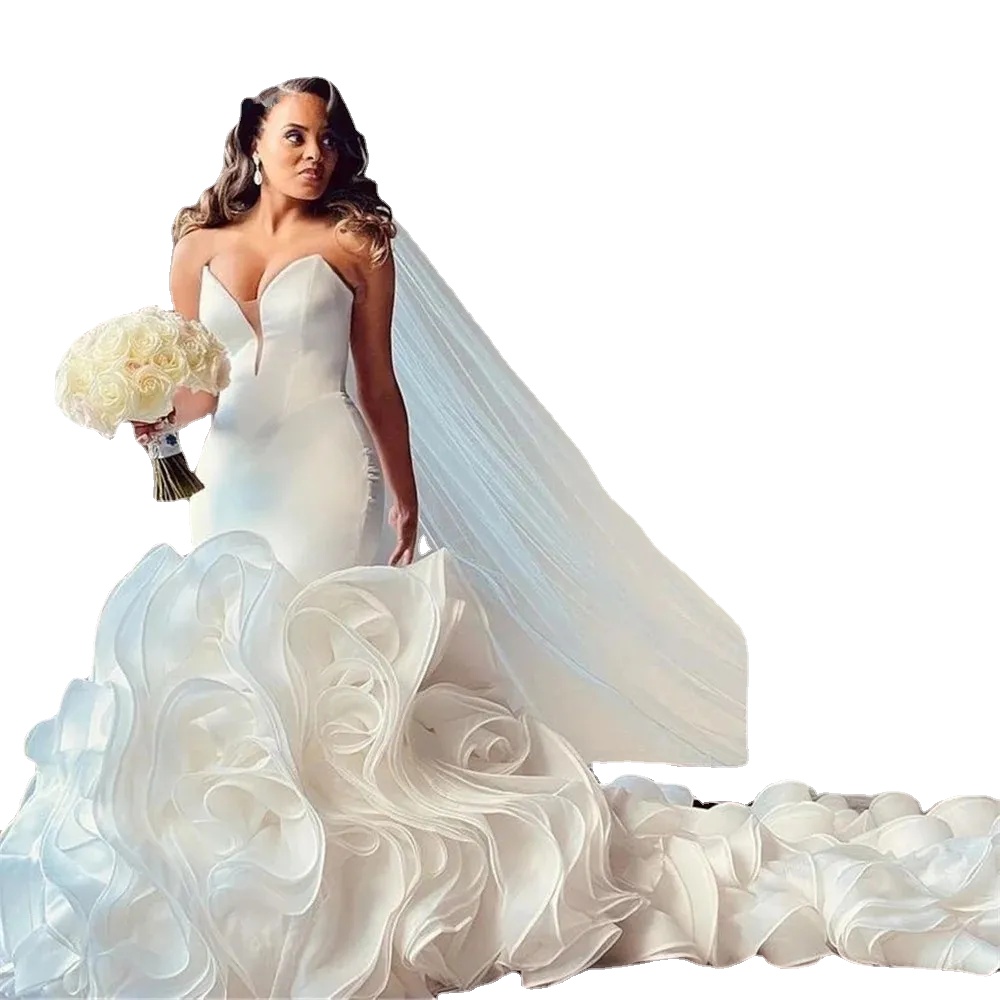 Mermaid Wedding Dress Strapless Ruffle Train Satin Organza Tulle 2024 New Design Elegant Bridal Gown Custom Made