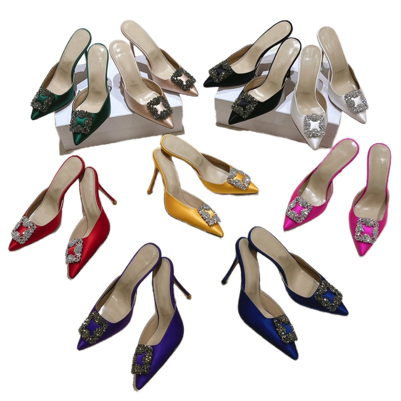 Slippers shining diamond high heels women's luxury party shoes summer sexy designer shoes silk letter beach shoes pointed toe sandals brand fas