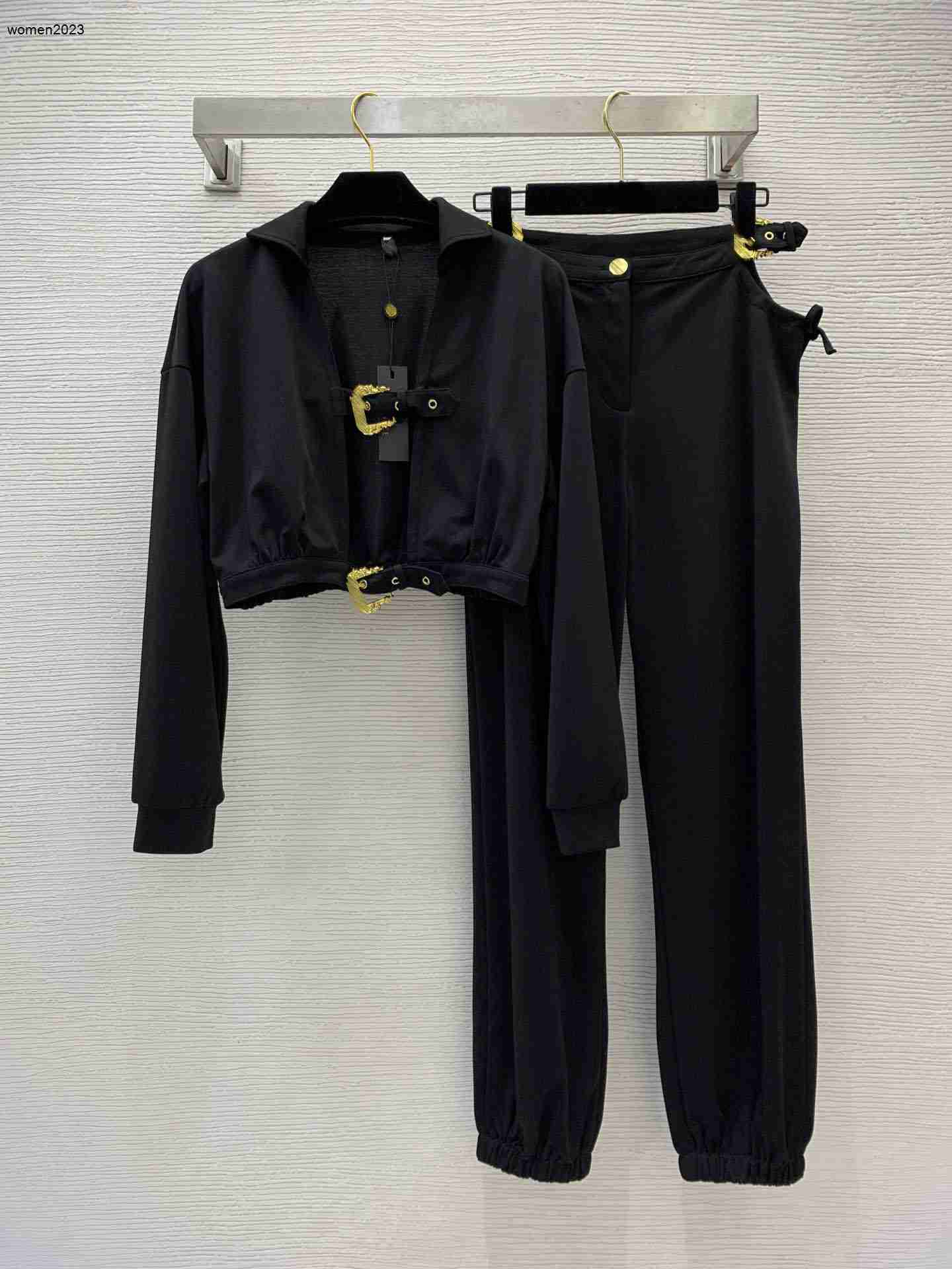 Women trouser two-piece designer suit Brand Fashion womens 2pcs Belt buckle lapel short cardigan top and Waist-exposed sexy casual pants set Mar-image-953949737