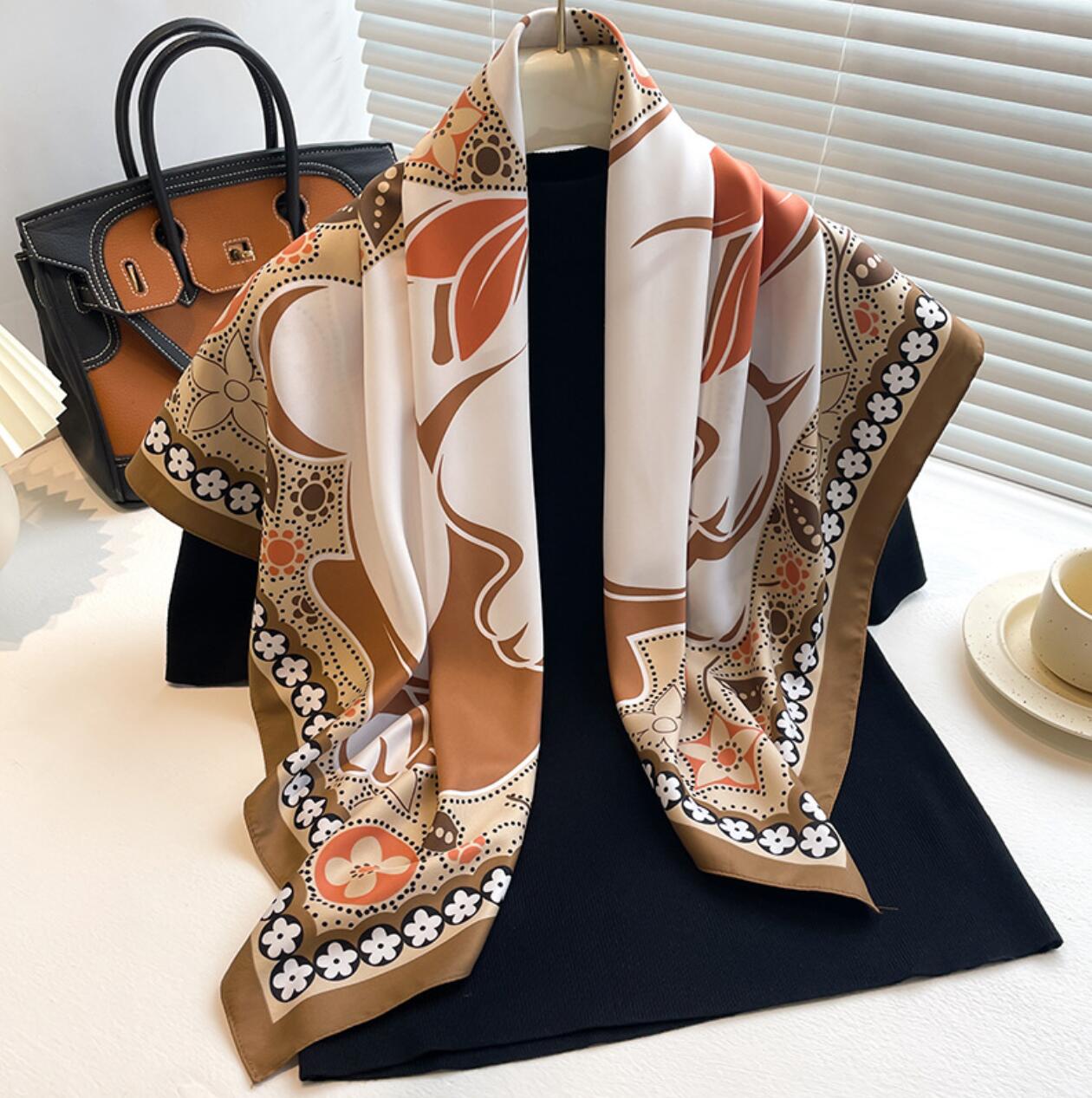 90*90cm Classics Design Fashion Brand Classic Letter Beautiful Flower Grid Satin Luxury Square Scarf Outdoor Shawl Silk Turban Beach Wrap Women F-image-953827442