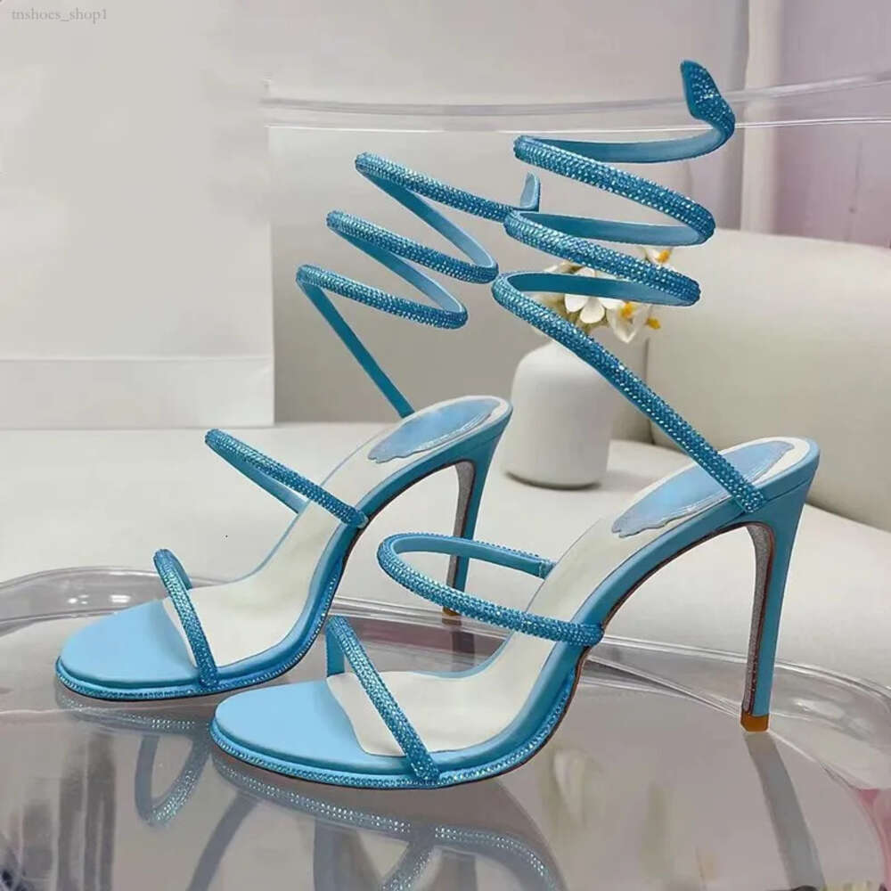 2024 Rene Caovilla Stiletto Heel Designer Sandals Rhinestone Embellished Snake Strass Evening Shoes Women High Heeled Luxury Ankle Wraparound Dre-image-964698290