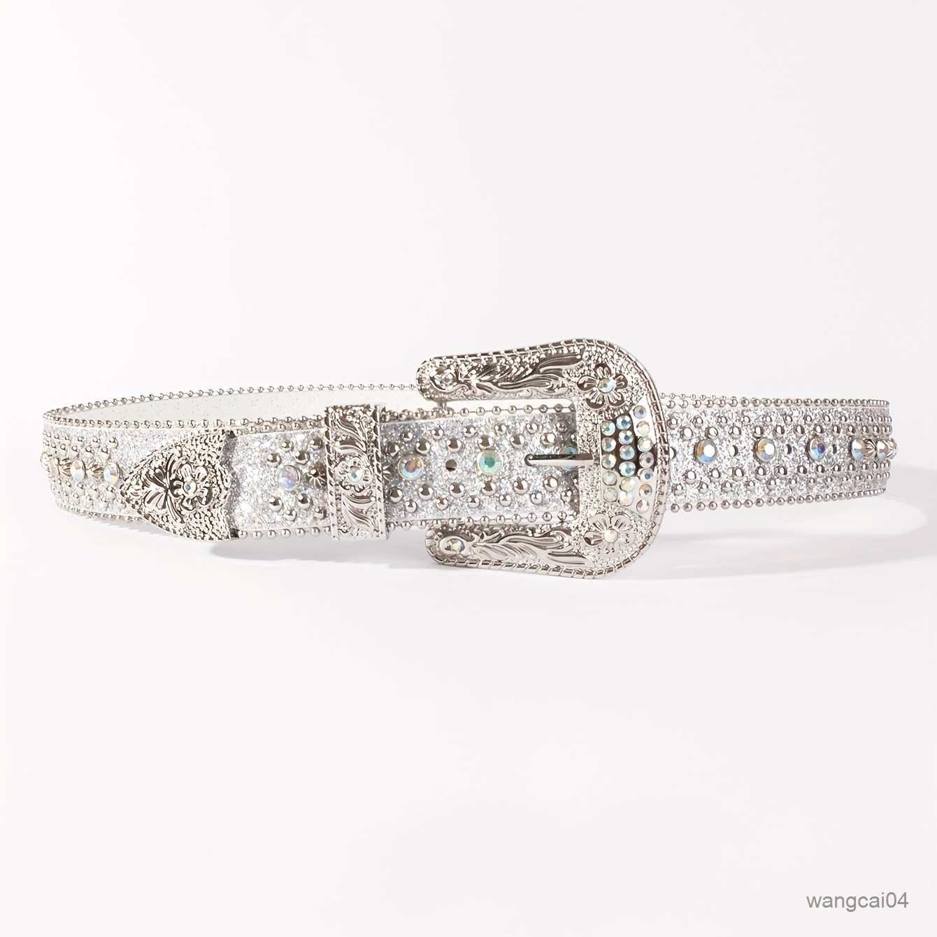 Belts Western Carved Buckle Belt Silvery Glitter Rhinestone Rivet Inlaid PU Leather Belt Hip Hop Beaded Sparkly Cowgirl Belt For Pants Jeans-image-954026510