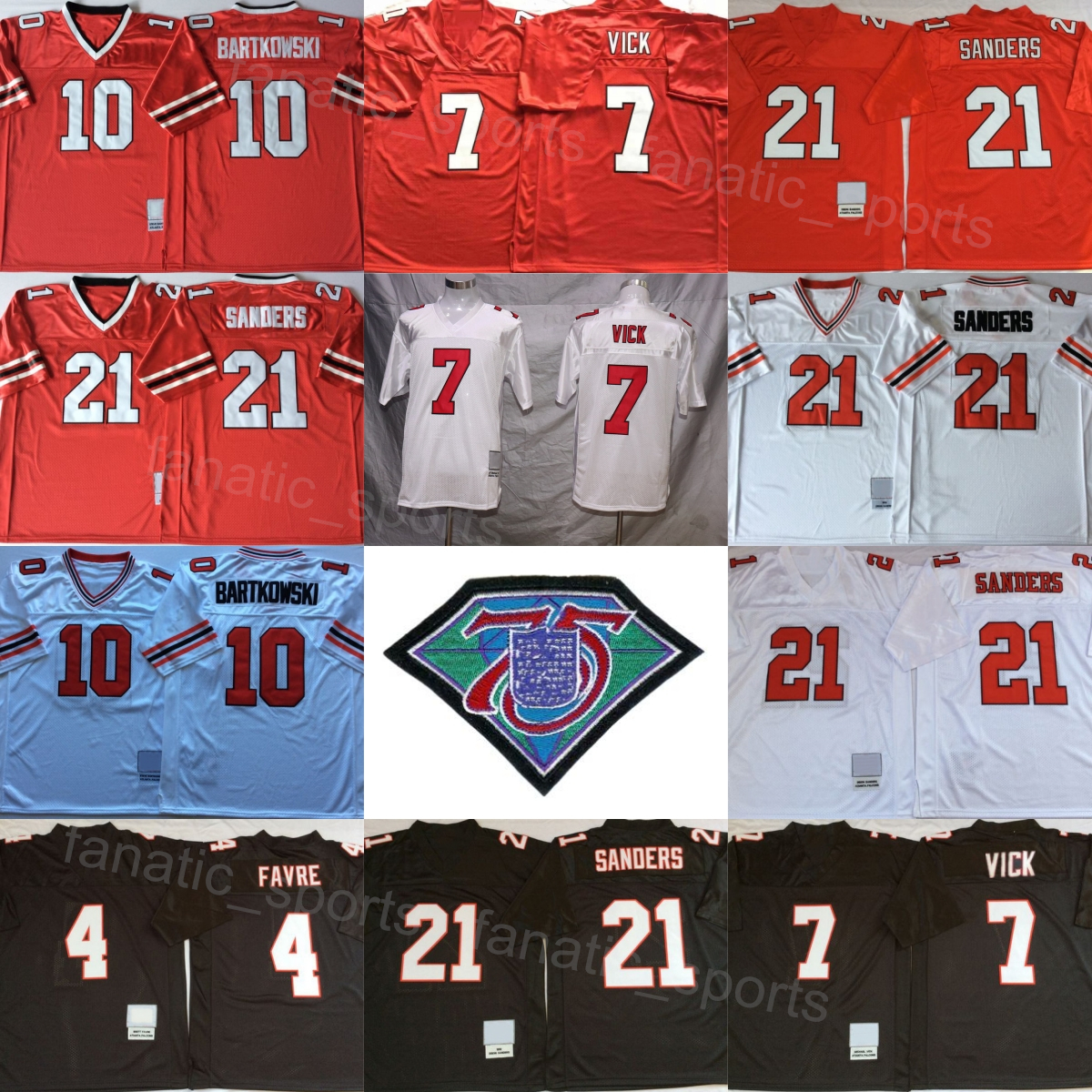 Retro Football Vintage 10 Steve Bartkowski Jerseys 21 Deion Sanders 4 Brett Favre 7 Michael Vick Uniform 75th Anniversary All Stitched Sport Blac
