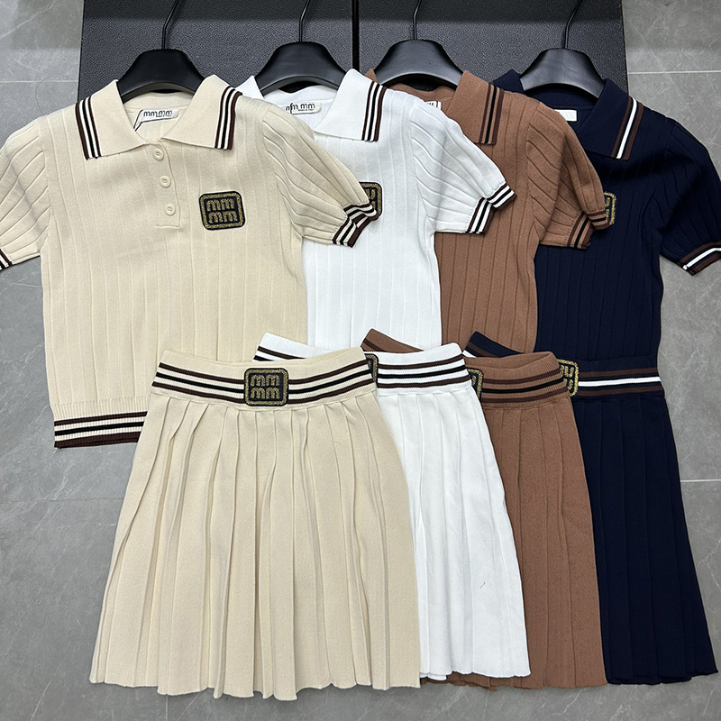 Designer knitted suit girls short sleeved skirt sexy cute college style student tracksuits oversized stretch casual suit correct letter sister sp-image-858305821