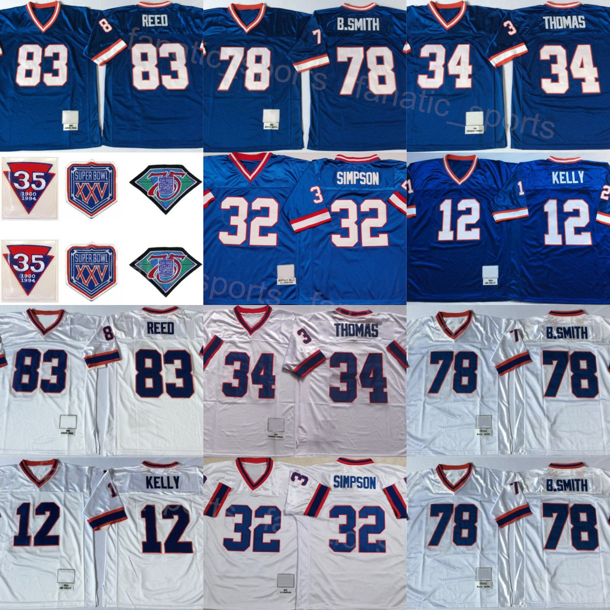 35th Retro Football 32 OJ Simpson Jerseys 78 Bruce Smith 83 Ander Reed 12 Jim Kelly 34 Thurman Thomas Team Blue White Vintage Anniversary 75th St