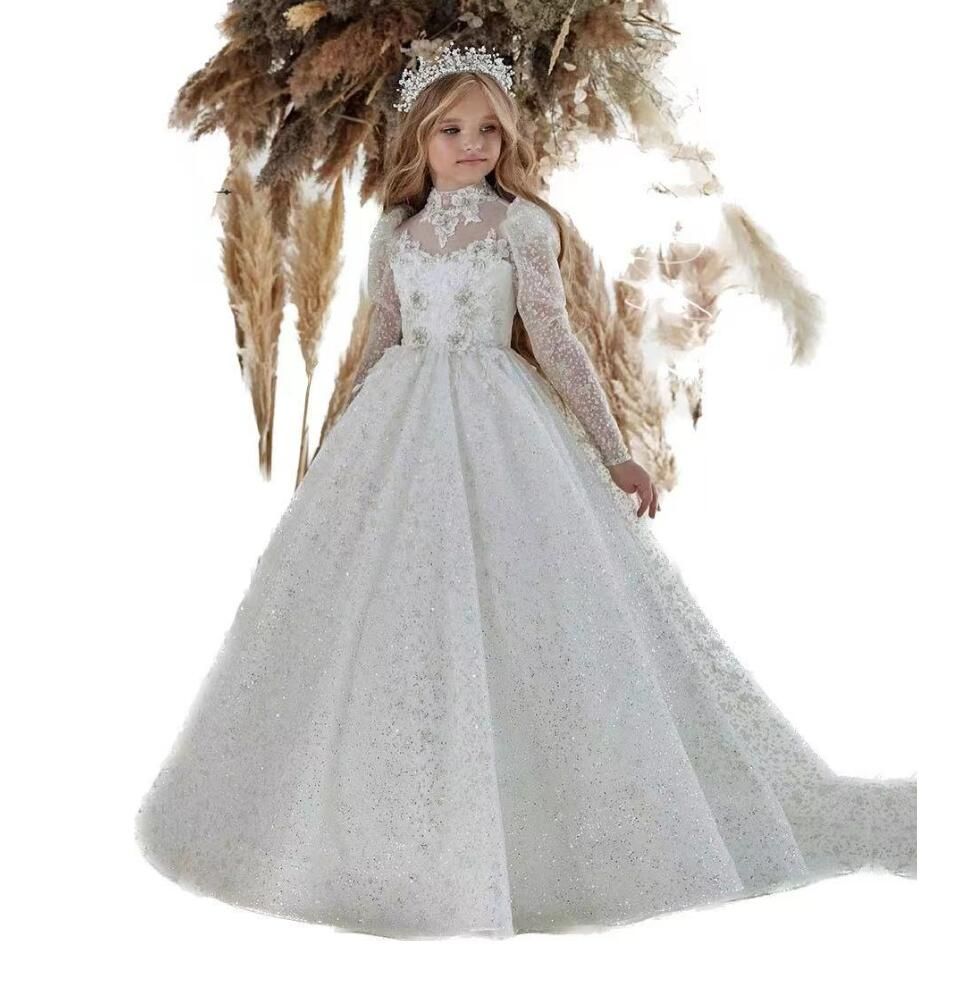 Glitz 2023 Lace Flower Girl Dress Bows Children`s First Communion Dress Princess Tulle Ball Gown Wedding Party Dress 2-14 Years BC14774 GW0213