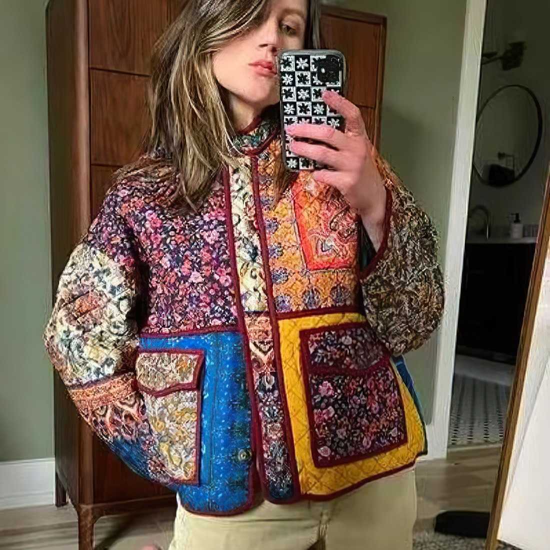 Women's Jackets 2024 Autumn And Winter New Women's Stand Collar Printed Cotton-padded Coat Coat HY077 T240322-image-914969403