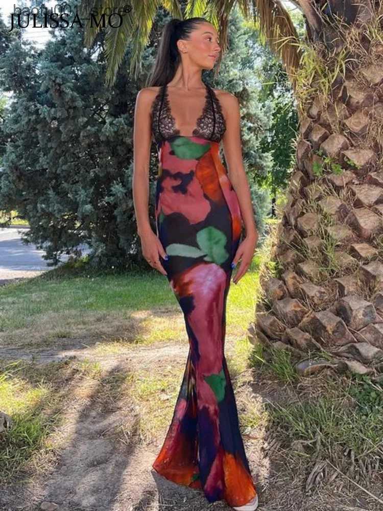 Basic Casual Dresses Julissa MO 2023 Summer Elegant Tie Dyed Flower Chiffon See Through Maxi Dress Sexy Womens Backless Lace Body Beach Party Dre-image-954774004