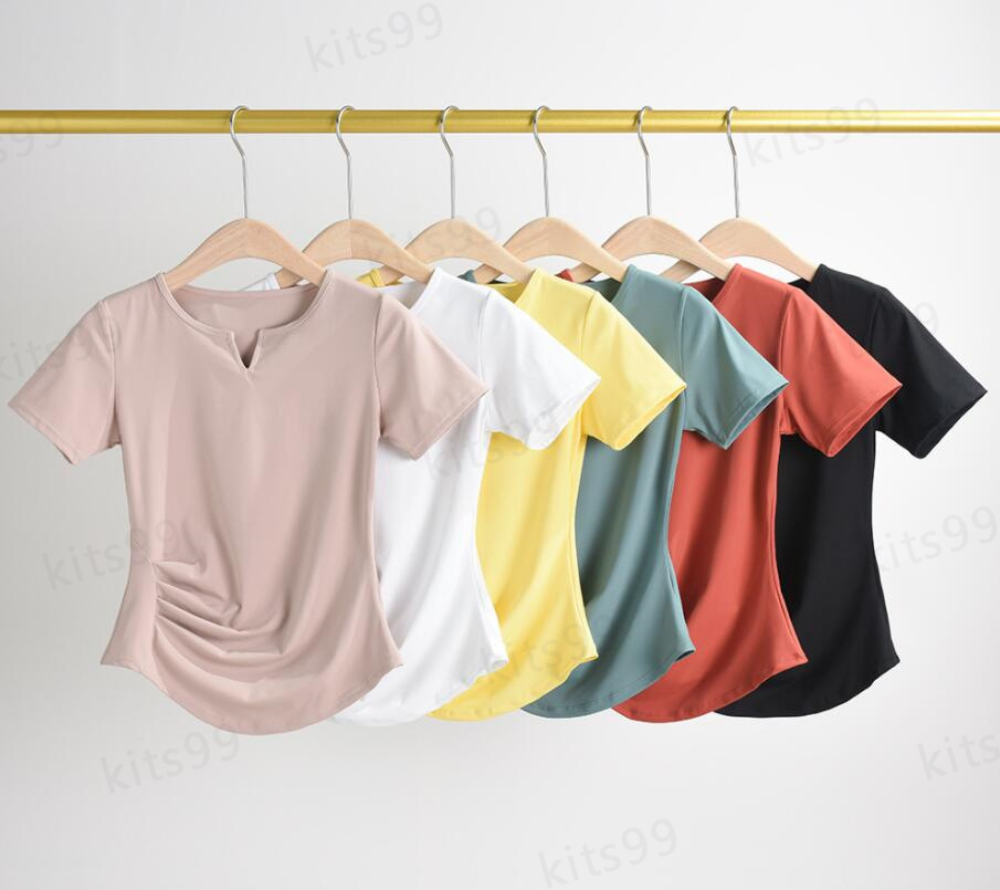 Yoga womens summer running sports top Solid Color V-neck slimming quick drying short sleeved t-shirt Active Wear Elastic gym outdoor running shor
