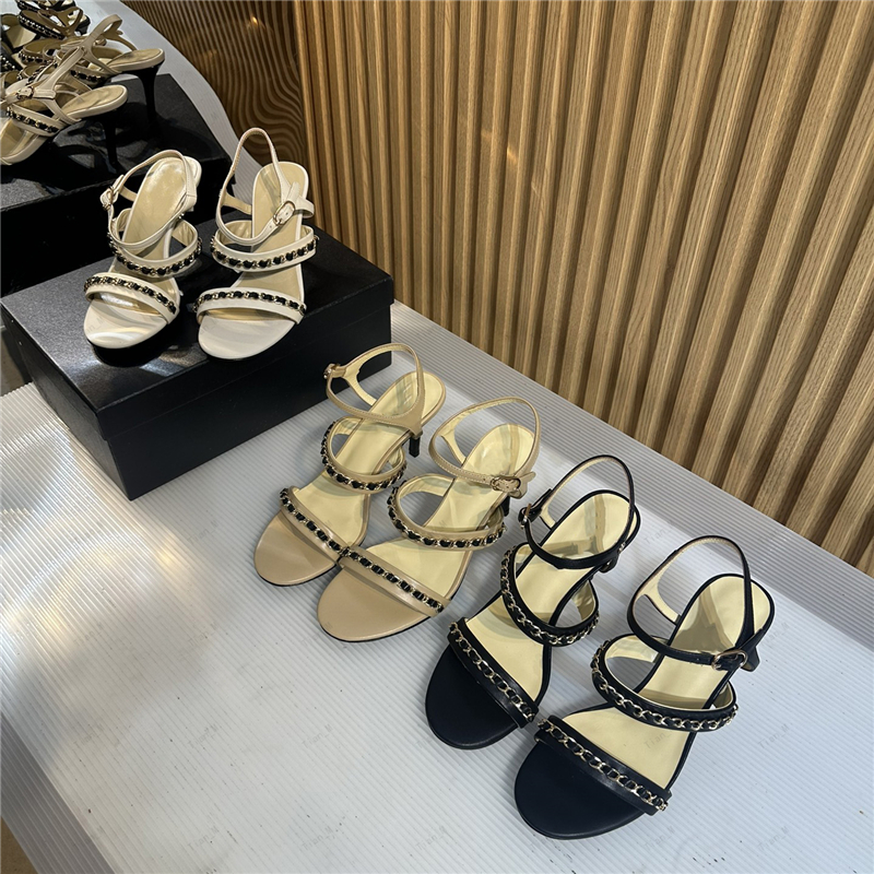2024 Top Quality Women pumps High Heels Sandals famous brand metal chain Genuine Leather Luxury Designer Fashion slingback Kitten heel women Sing-image-955343568