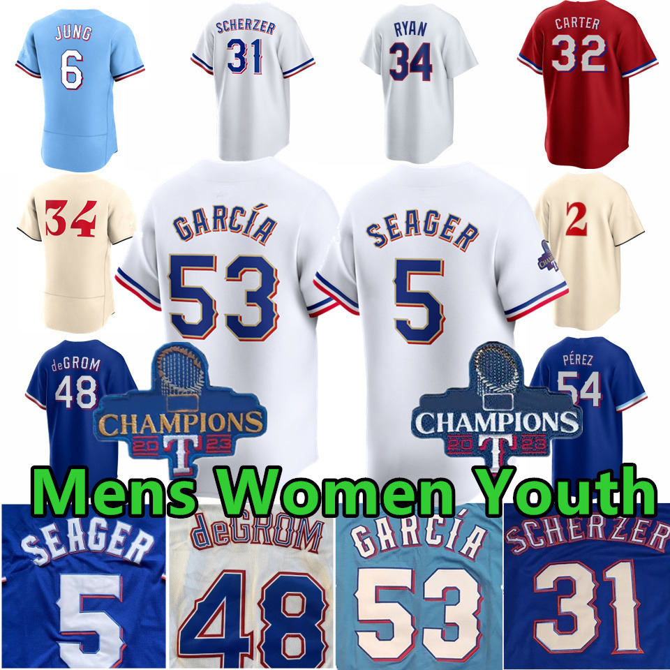 2024 Custom Gold Jersey 5 Corey Seager Jacob deGrom Baseball Nolan Ryan Marcus Semien Wyatt Langford Josh Smith Adolis Garcia Josh Jung Max Scherzer Evan Carter 