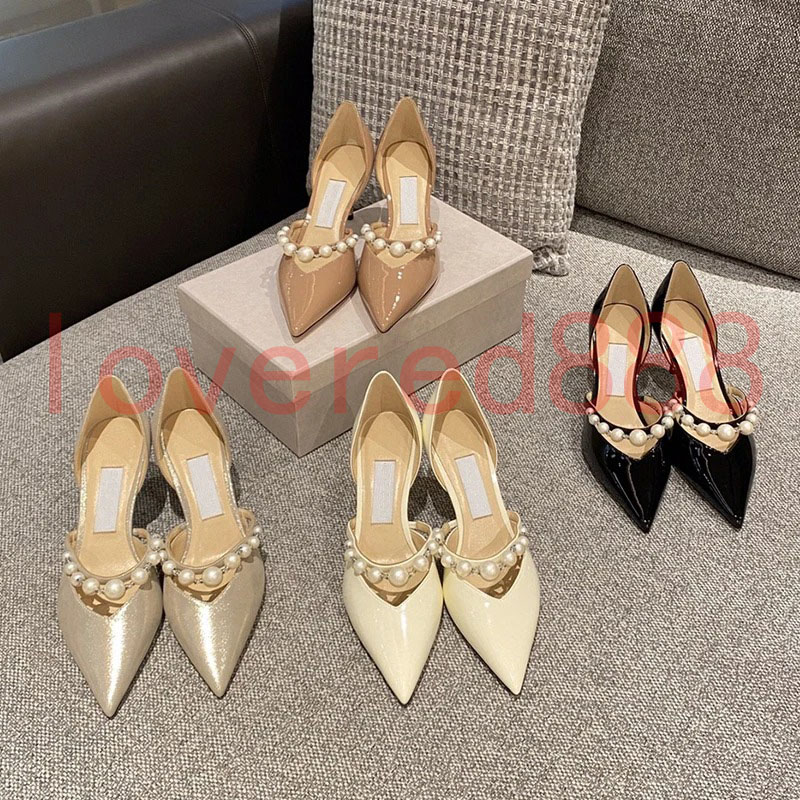 Hollow High Heels Women&#039;s Stiletto Pearl Pointed Wedding Shoes Pumps Luxury London AURELIE 65 85mm Italy Fashion Ankle Strap Black Patent Ev-image-955386560