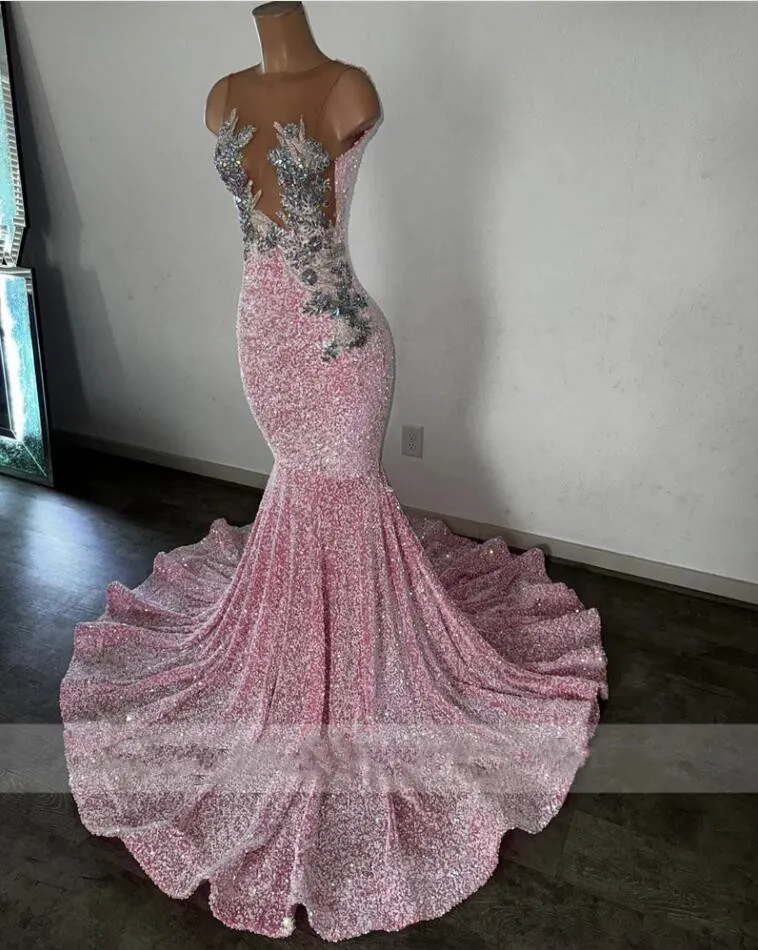 Glitter Pink Sequined Mermaid Long Prom Dresses 2024 For Black Girls Sheer Mesh Top Crystal Beading Rhinestones Sweep Train Birthday Party Gowns 0319