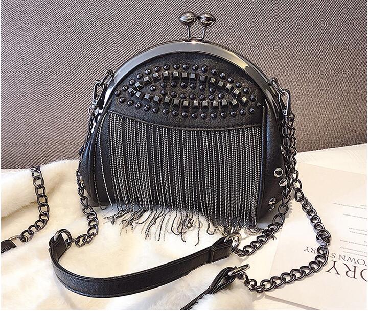 Designer diamond-studded studded tassel fashion chain one-shoulder crossbody tote shell bag-image-955645086