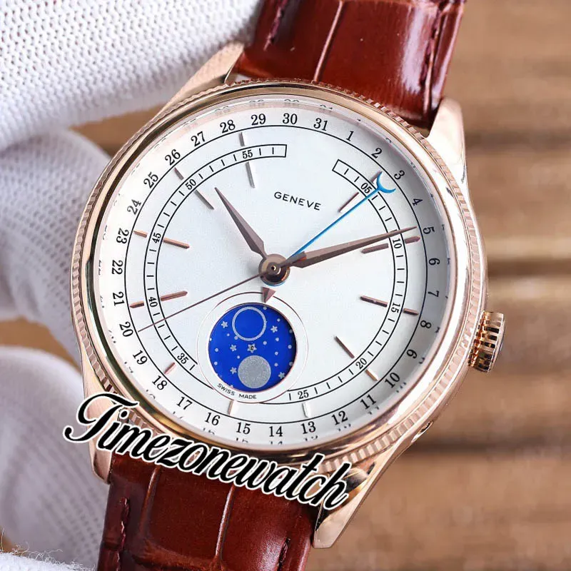 Cellini Aerolite Moon Phase 50535 Automatic Mens Watch 39mm Rose Gold Case White Dial Leather Strap New Watches TWRX Timezonewatch274P
