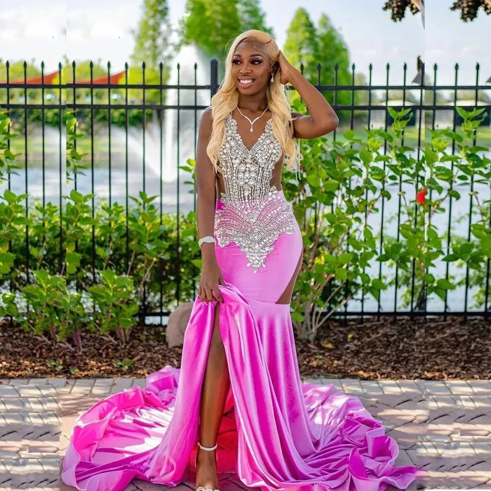 Hot Pink Velvet Mermaid Prom Dresses 2023 For African Women Glitter Crystals Beads Black Girls Long aso ebi Plus Size Evening Occasion Gowns