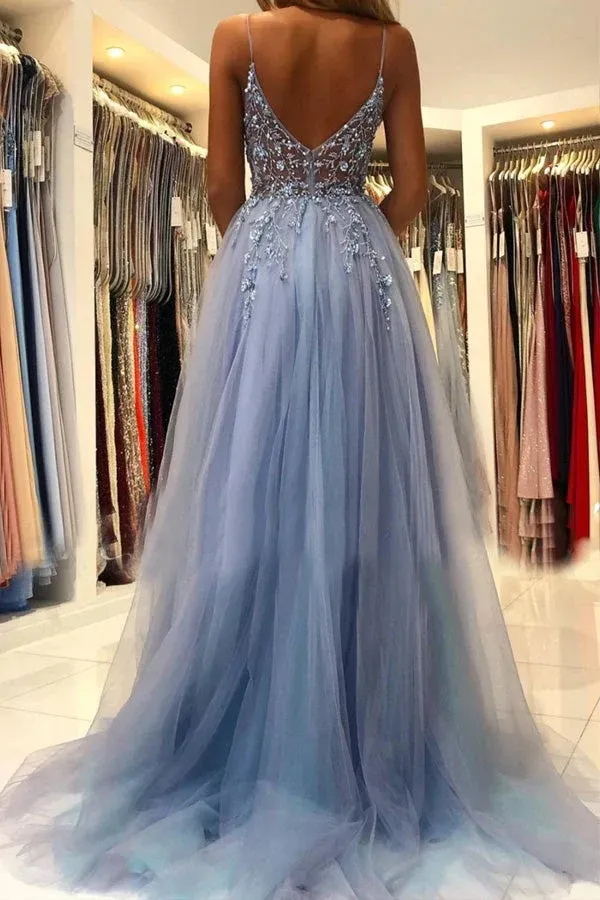 Fantastic Blue Tulle Prom Dresses Sexy A Line Spaghetti V Neck Appliques Beads Front Split Evening Gowns