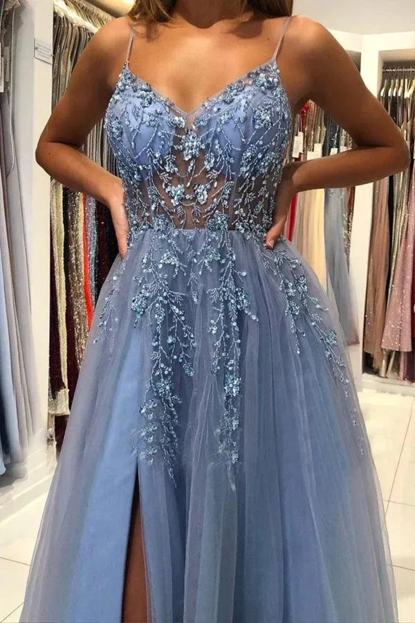 Fantastic Blue Tulle Prom Dresses Sexy A Line Spaghetti V Neck Appliques Beads Front Split Evening Gowns