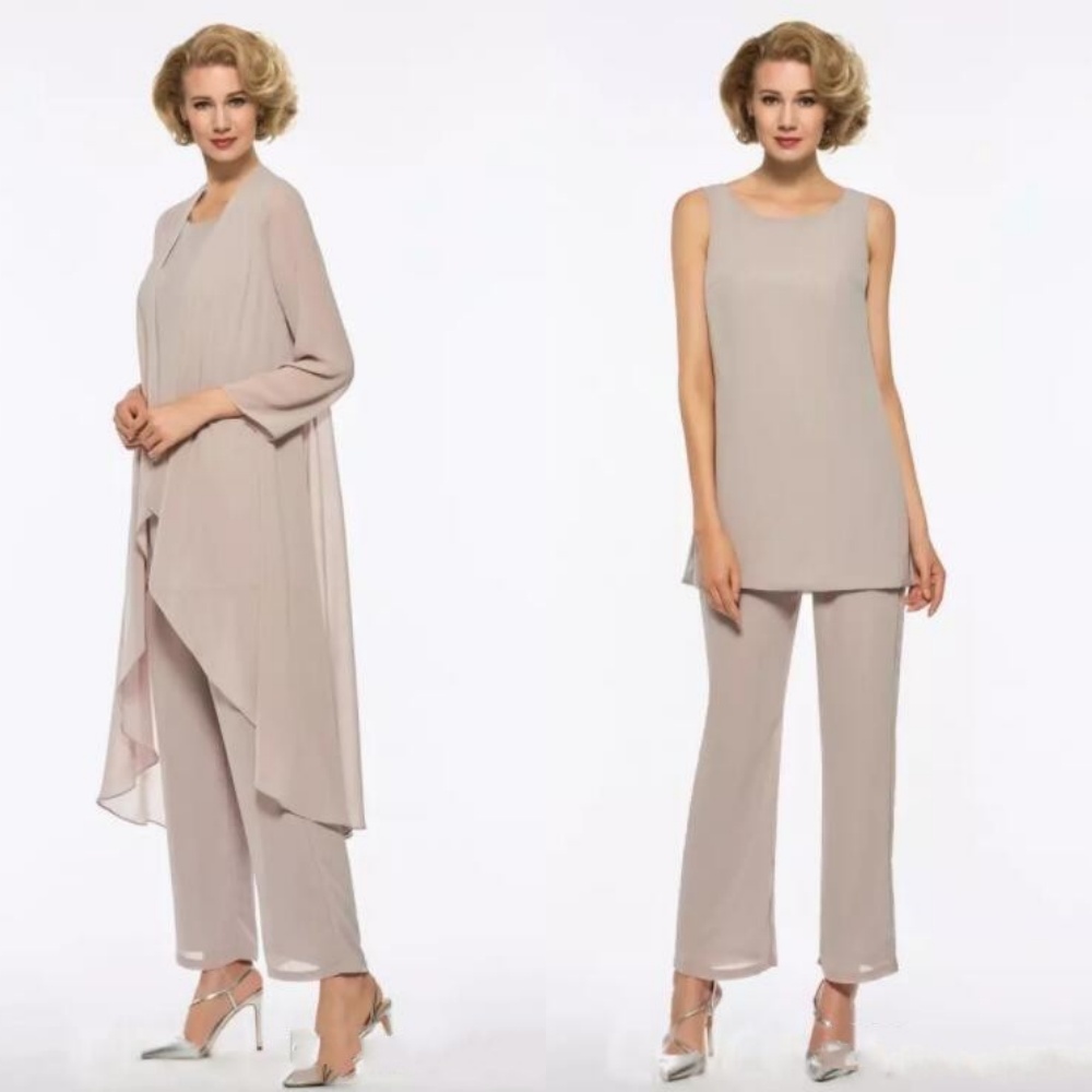 2024 Champagne Simple Mère Hors Robes De Mariée Pantalon Costumes Jewel Cou Mousseline De Soie Plus Taille Robe D'invité De Mariage Occasion Spéc
