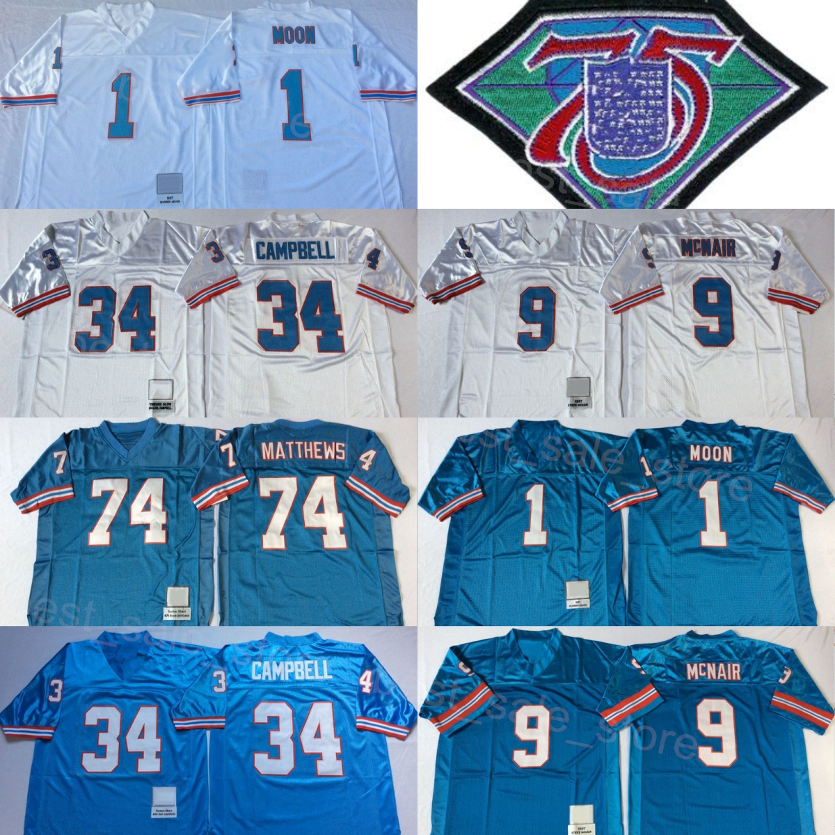 Throwback Football 1980 1997 Vintage 34 Earl Campbell Jersey 75th Anniversary 1 Warren Moon 9 Steve McNair 74 Bruce Matthews All Stitching Blue Whit