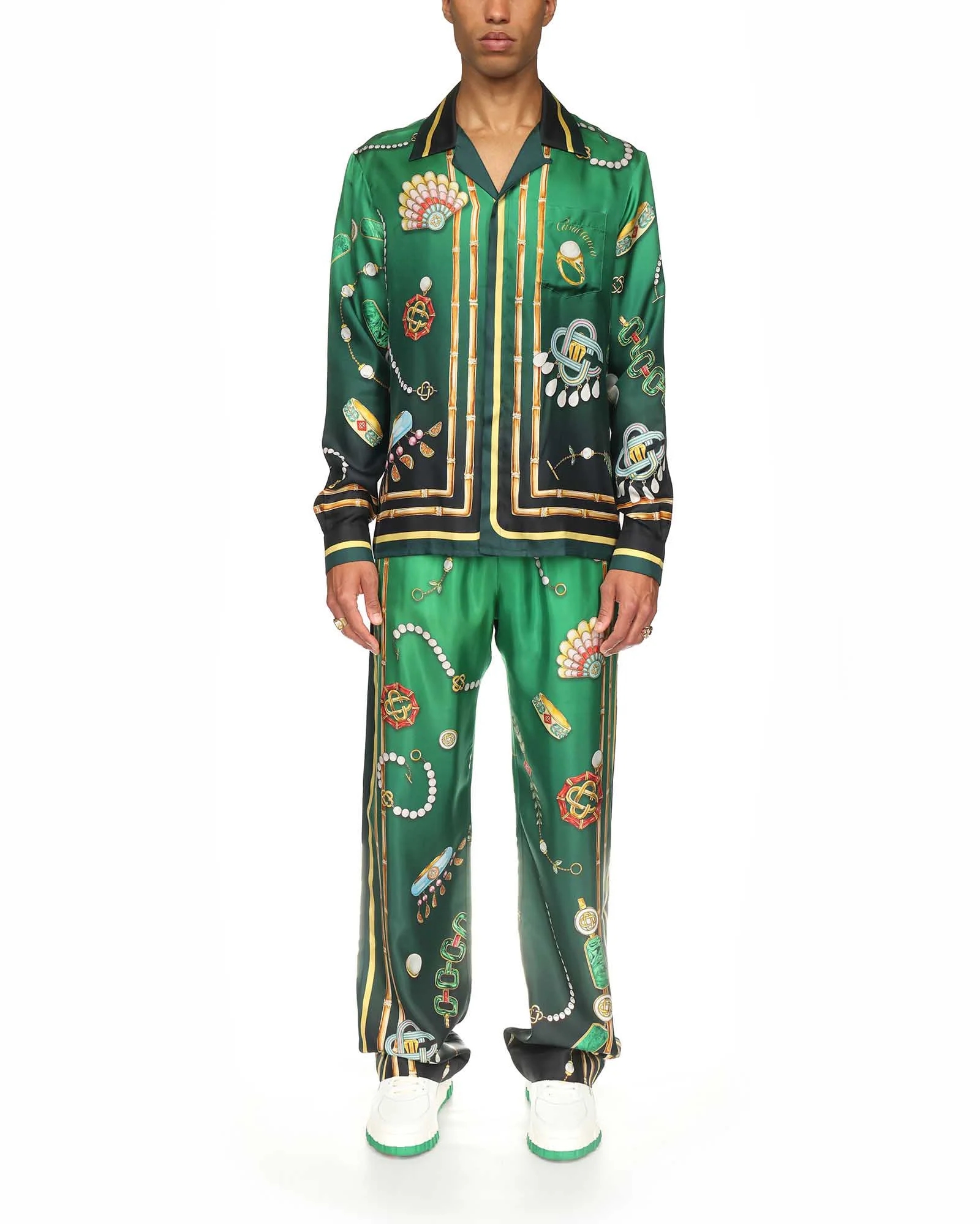 Casablanca Bijoux Imprimés Ensembles Verts Hawaii Chemise à Manches Longues Pantalon Ample en Soie Casablanc