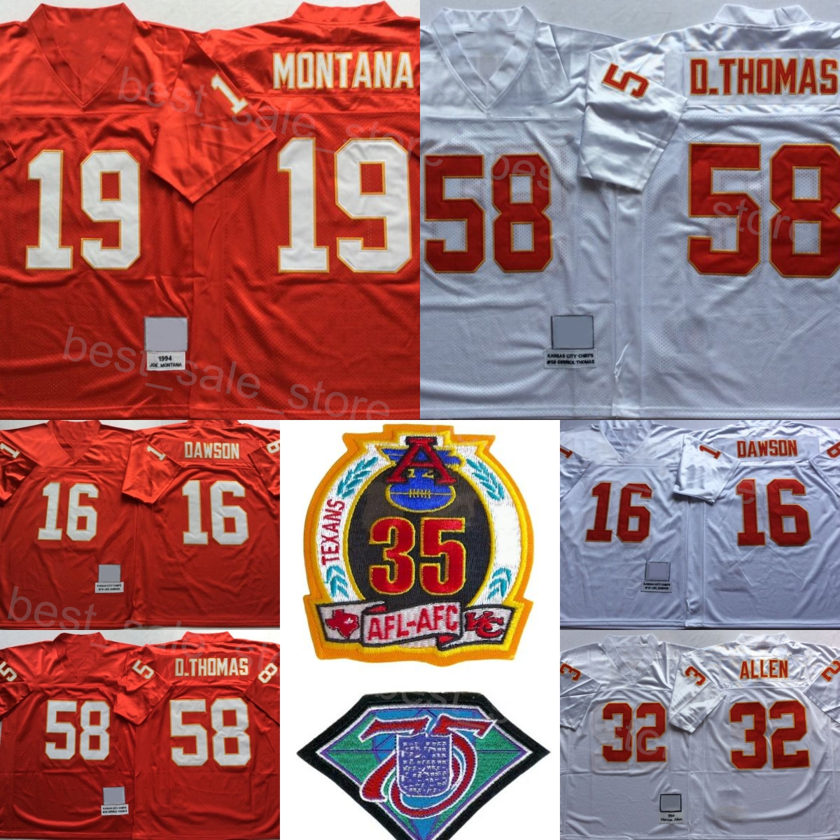 Throwback Football Vintage 58 Derrick Thomas Jersey 1994 75th 35th Anniversary 19 Joe Montana 32 Marcus Allen 16 Len Dawson Stitched Red White Te-image-786355667