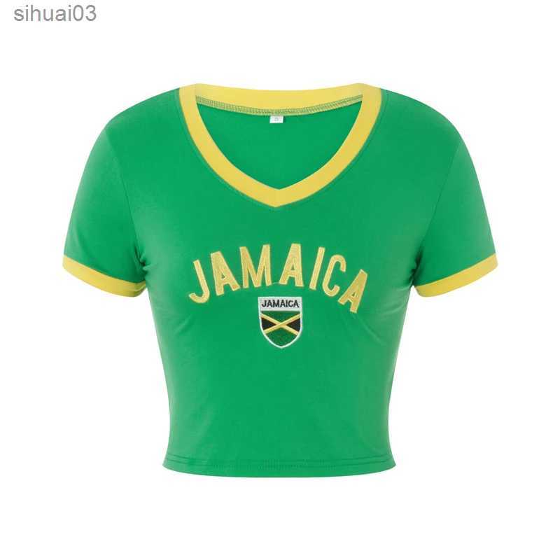 Women's Tanks Camis Jamaica crop top womens y2k Grunge casual V-neck letter printed short sleeved T-shirt baby T-shirt aesthetic fairy tale-image-957932728