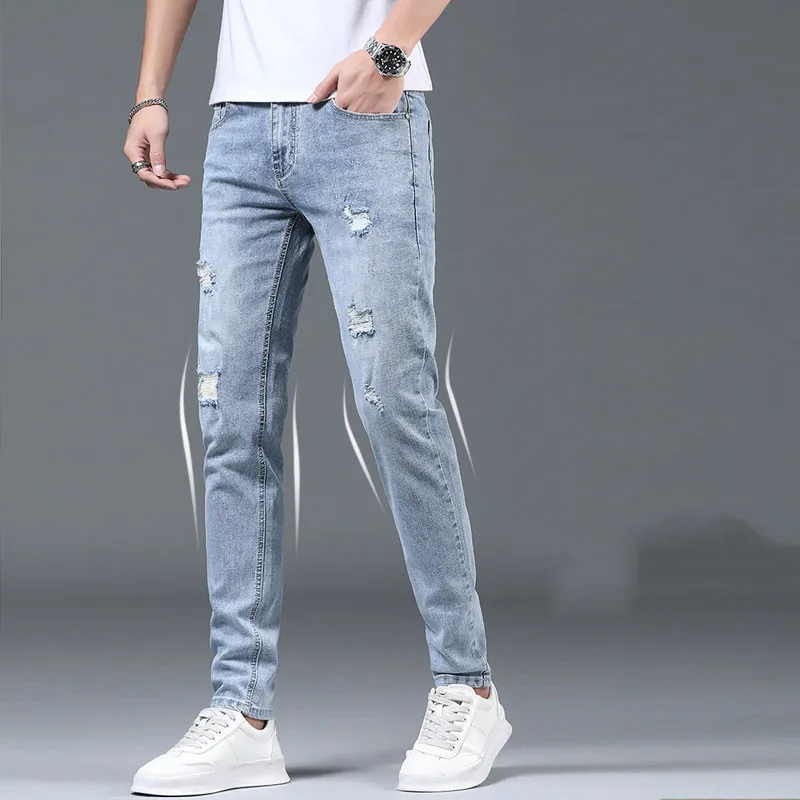 Spring Summer Stylish Korean ripped hole Stretch Men's Slim Work Denim Pants with Distressed Design Blue Casual Jeans Luxury Men