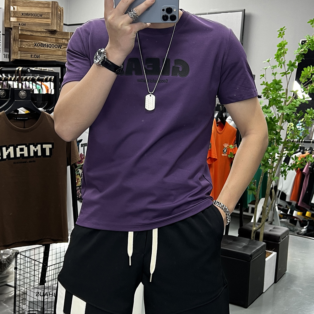 T-shirt à manches courtes hommes lettres 3D été à la mode col rond hommes t-shirts à la mode coton mince violet hauts décontractés homme vêtement