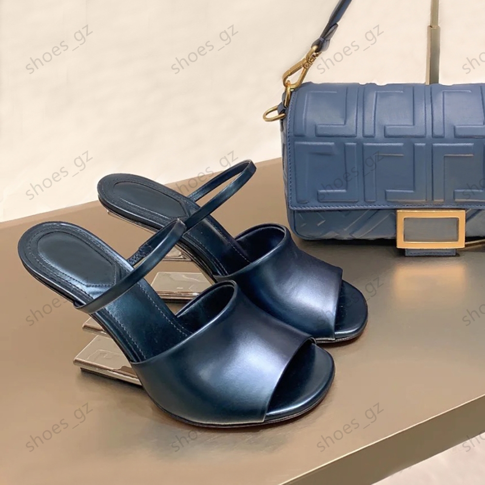 navy blue Sculpted high-heeled mule slippers Metallic high heels open toes slip-on slides sandal Wedge slipper calfskin for women luxury designer sh