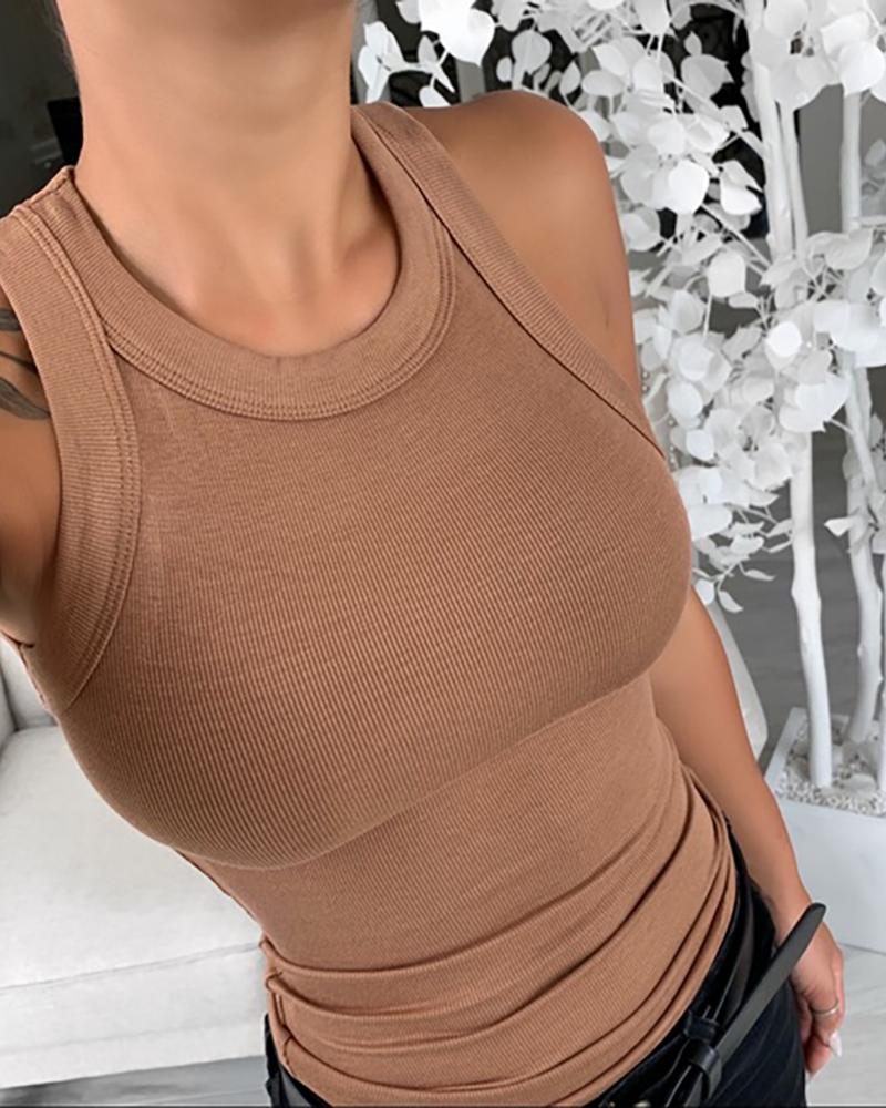 Women Solid Round Neck Ribbed Tank Top Camisole Women Summer Basic Elastic Tank Top O Neck Solid Tank Top Plus Size