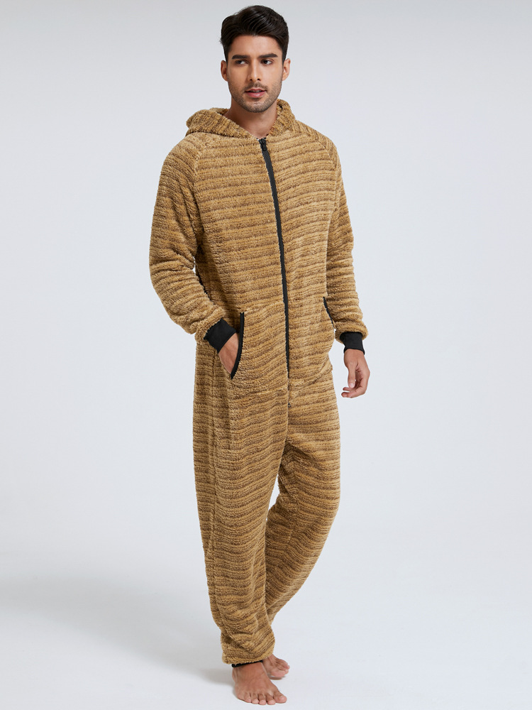 Thick Hooded Jumpsuit Men Solid Color Flannel Onesie Pajamas Adults Winter Autumn Warm Sleepwear Costume Onesies For Men