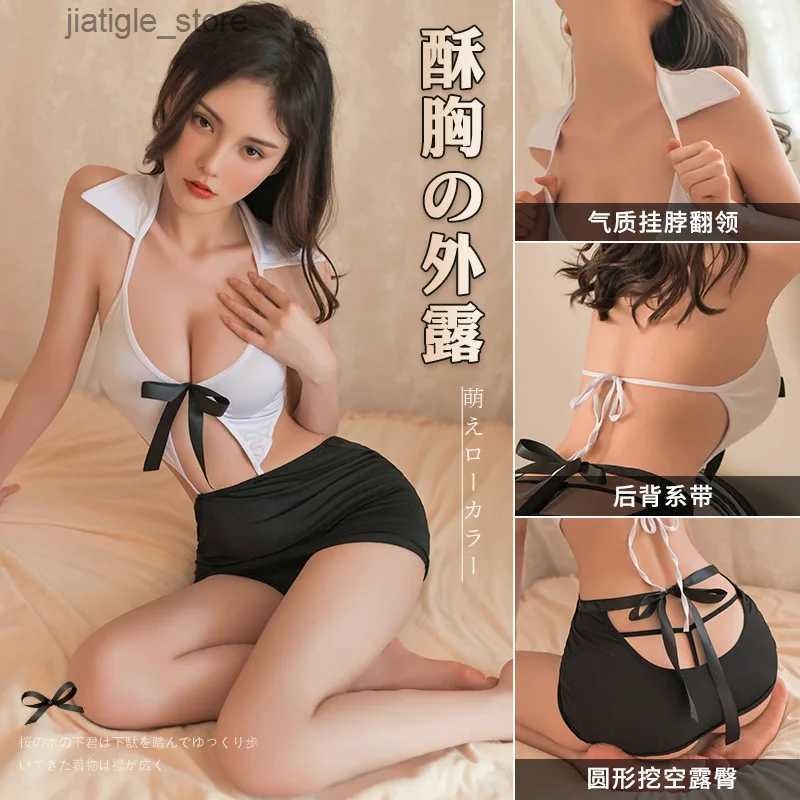 Sexy Set Erotic Lingerie Hot Sex Secretary Halter Neck Sleep Tops and Mini Skirt Office Lady Uniform Seductive Passion Women Maid Costume Y240329-image-958826948