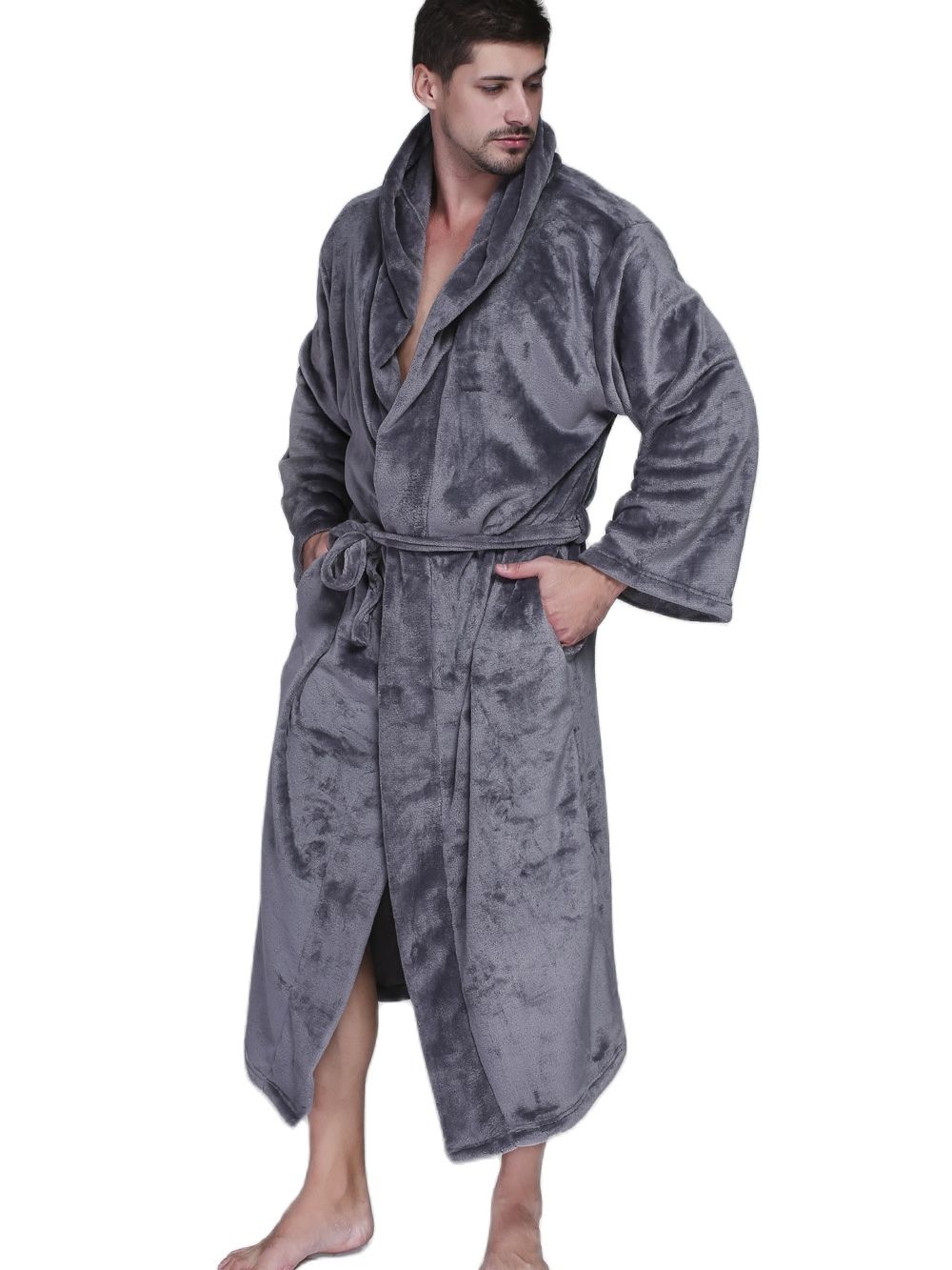 Mens Winter Warm Hooded Long Gray Flannel Fleece Bathrobes Coral Velvet Pajamas Male Sexy Soft Pockets Night Sleepwear Nightgown