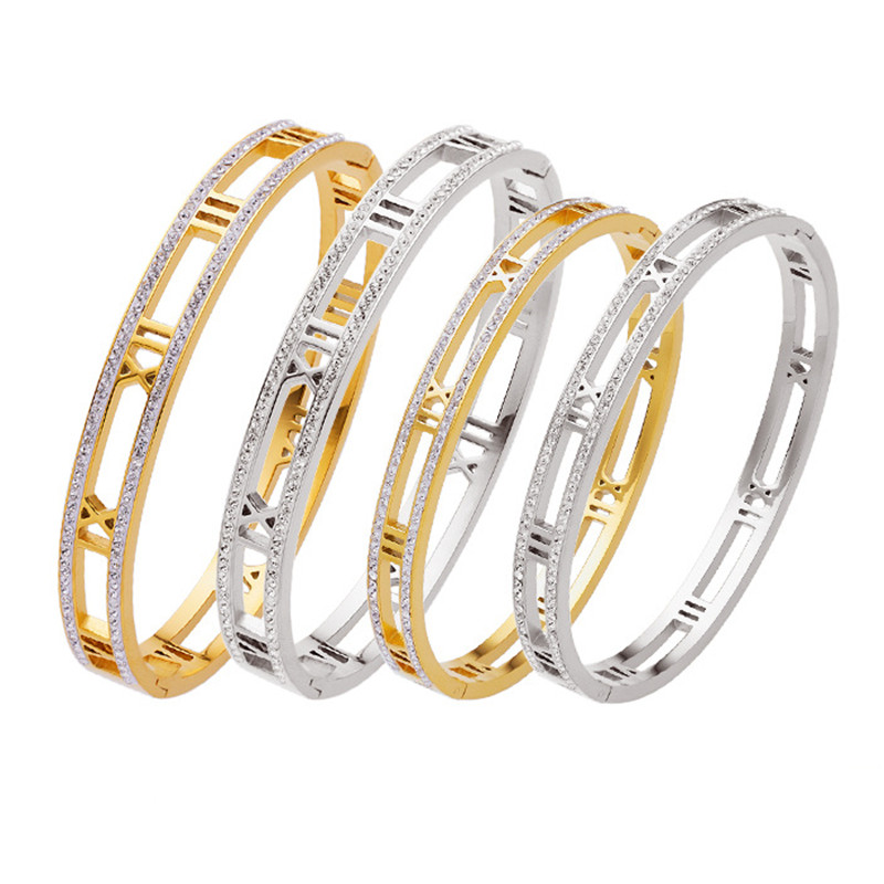 Luxury Jewelry Woman bracelet designer Personalized Versatile Diamond Bracelet with Stainless Steel Hollow Roman Two Rows of Diamond Charm Bracel-image-958055457