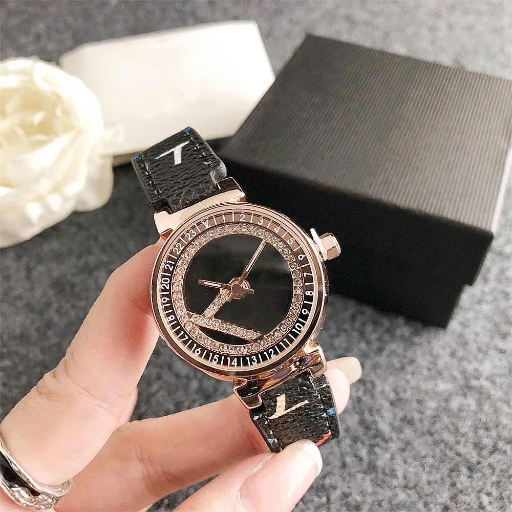 Montres-bracelets de marque complète pour femmes et filles, cadran rotatif en diamant, bracelet en cuir, Quartz de luxe avec Logo, horloge L 102