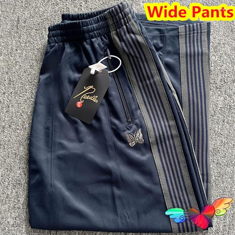 Men&#039;s Pants 2024 Oversized Navy Blue Needles Wide Men Women Embroidered Butterfly Track Poly Smooth AWGE Sweatpants-image-958610164