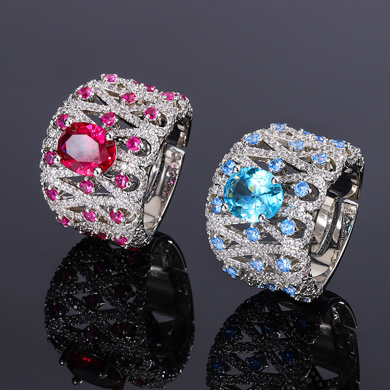 Luxury 925 Sterling Silver Red/Sea Blue Zirconia Ring for Women,Fashion Wedding Party Jewelry Opened Adjustable Size Top Quality